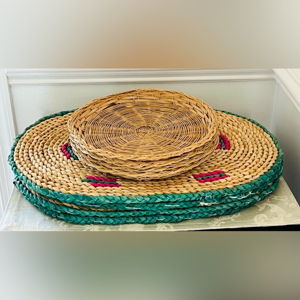 Vintage Handwoven Wicker Paper Plate Holders & Watermelon Placemats Set of 8